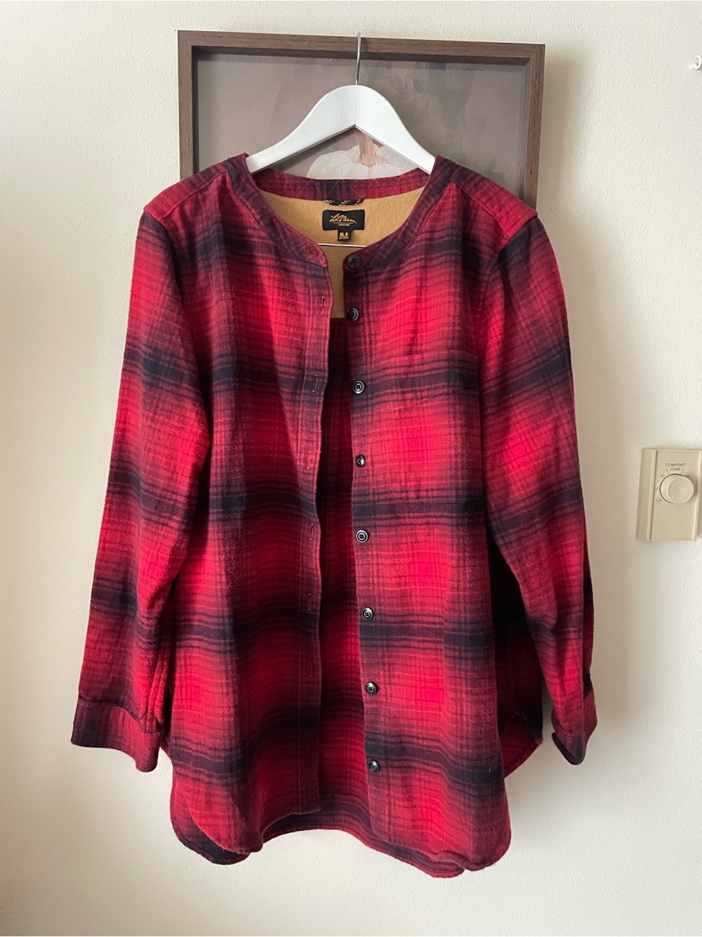 L.L. Bean Signature Fleece Lined Plaid Flannel Collarless Jacket Red Black XL